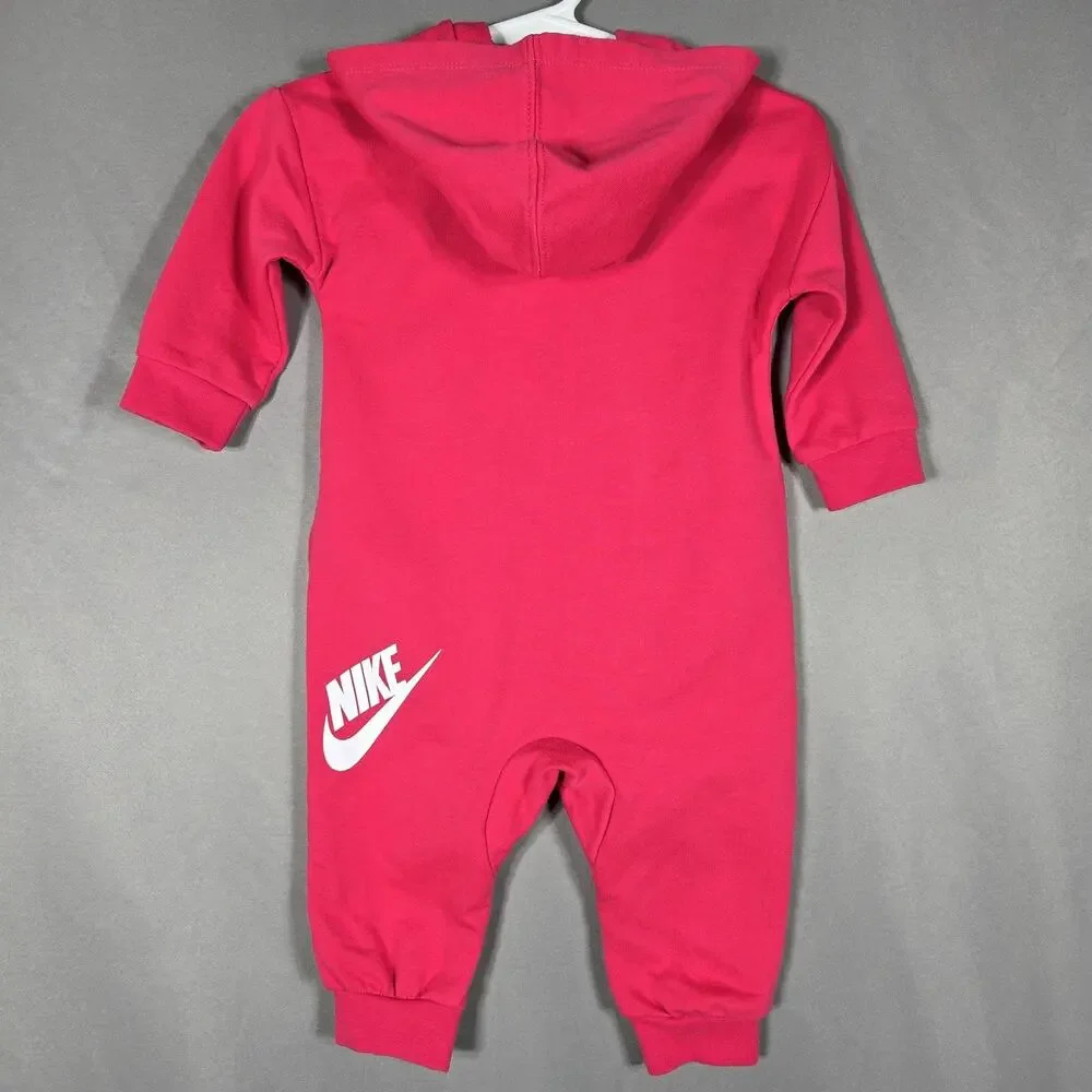 Nike Hooded Romper One Piece Infant 6M Pink Full Zip Logo Jumpsuit Front‎ Swoosh